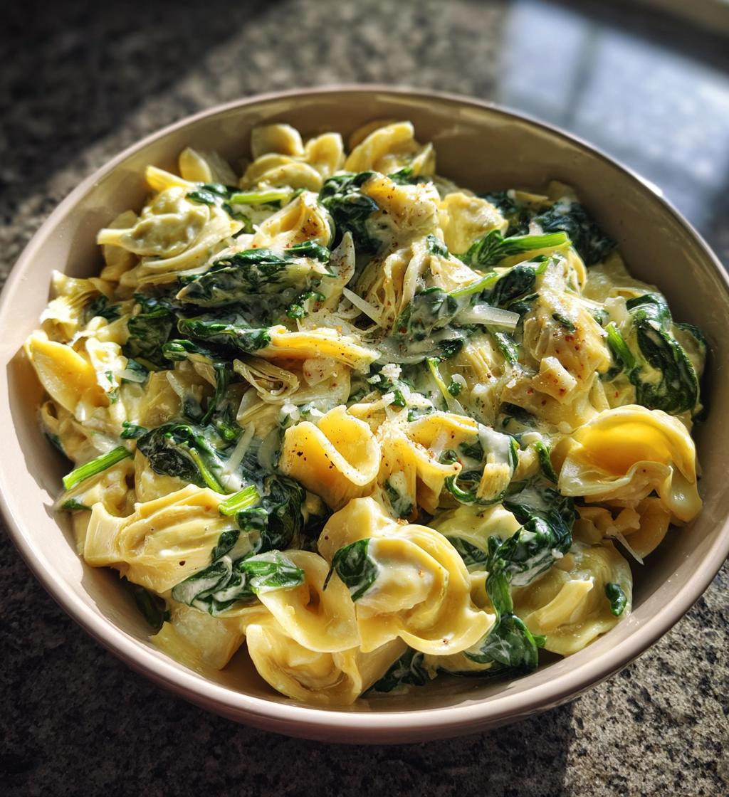 one pot spinach and artichoke pasta - detail 1