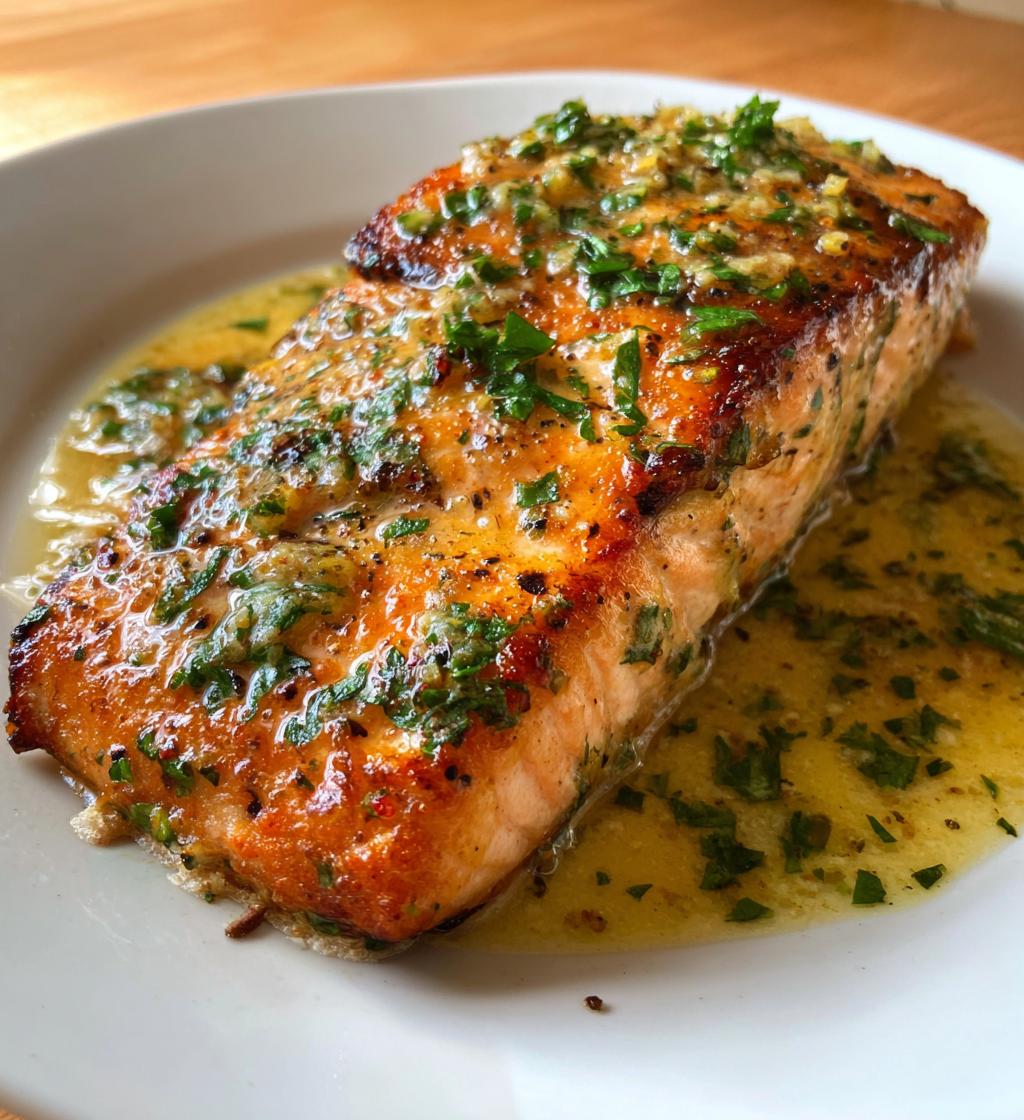 pan fried salmon with garlic butter sauce - detail 1