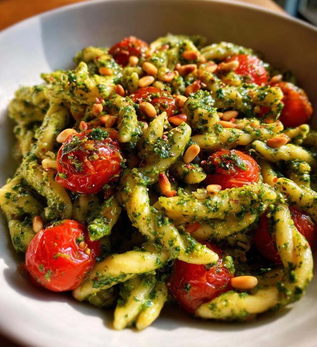 pesto pasta with cherry tomatoes - detail 1
