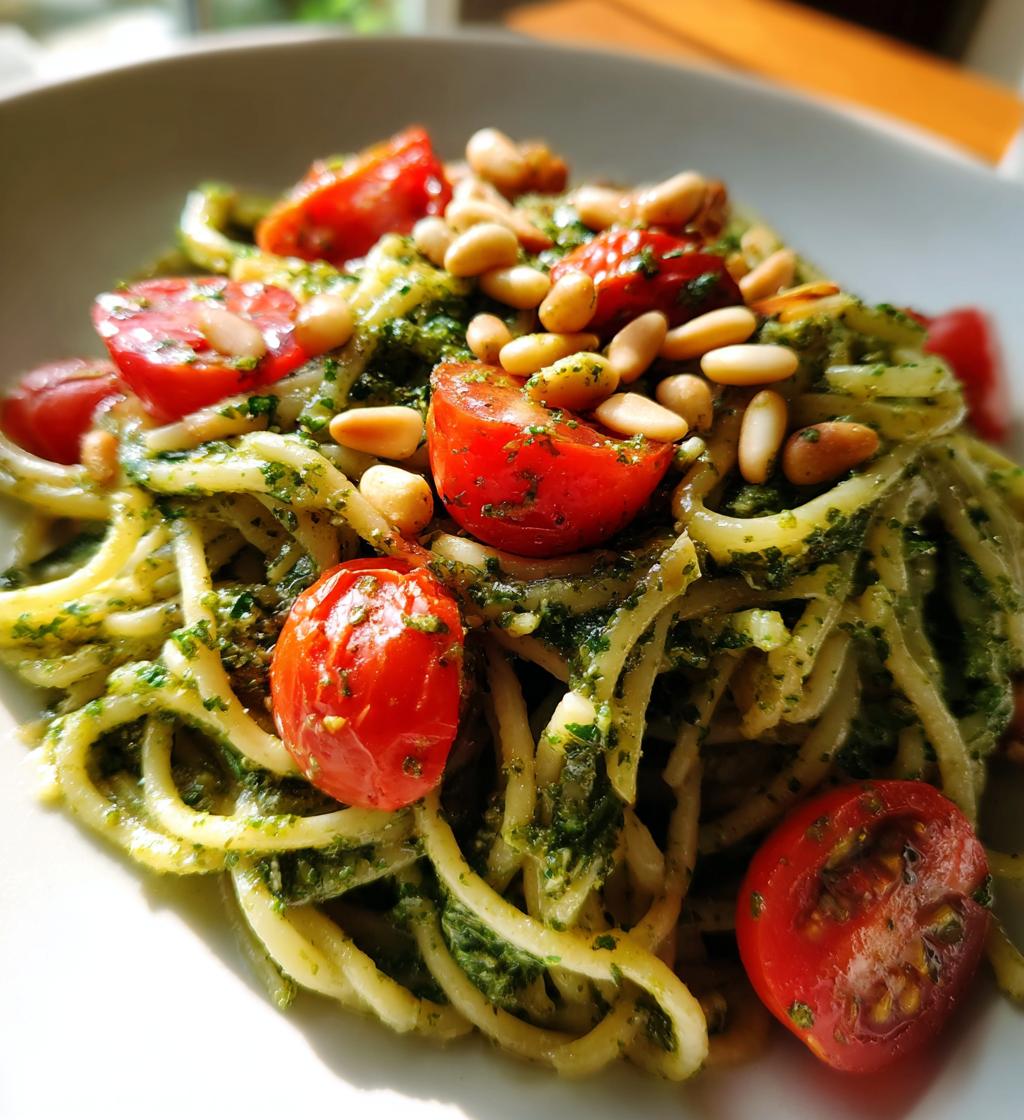 pesto pasta with cherry tomatoes