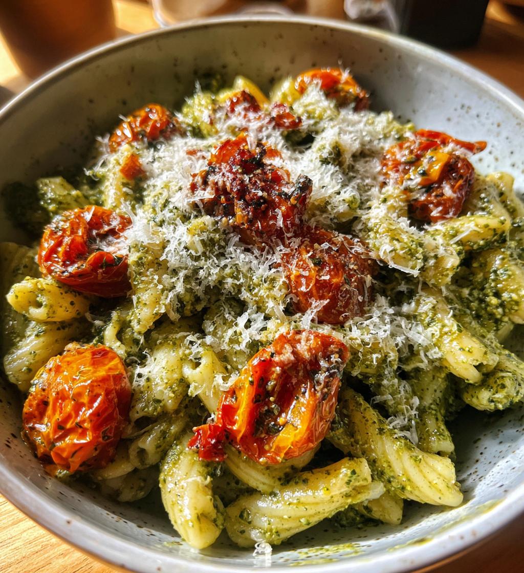 pesto pasta with roasted tomatoes - detail 1