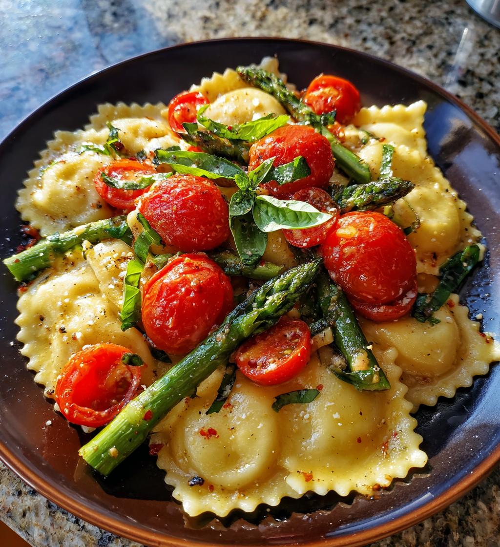 ravioli with tomatoes asparagus garlic and herbs - detail 1