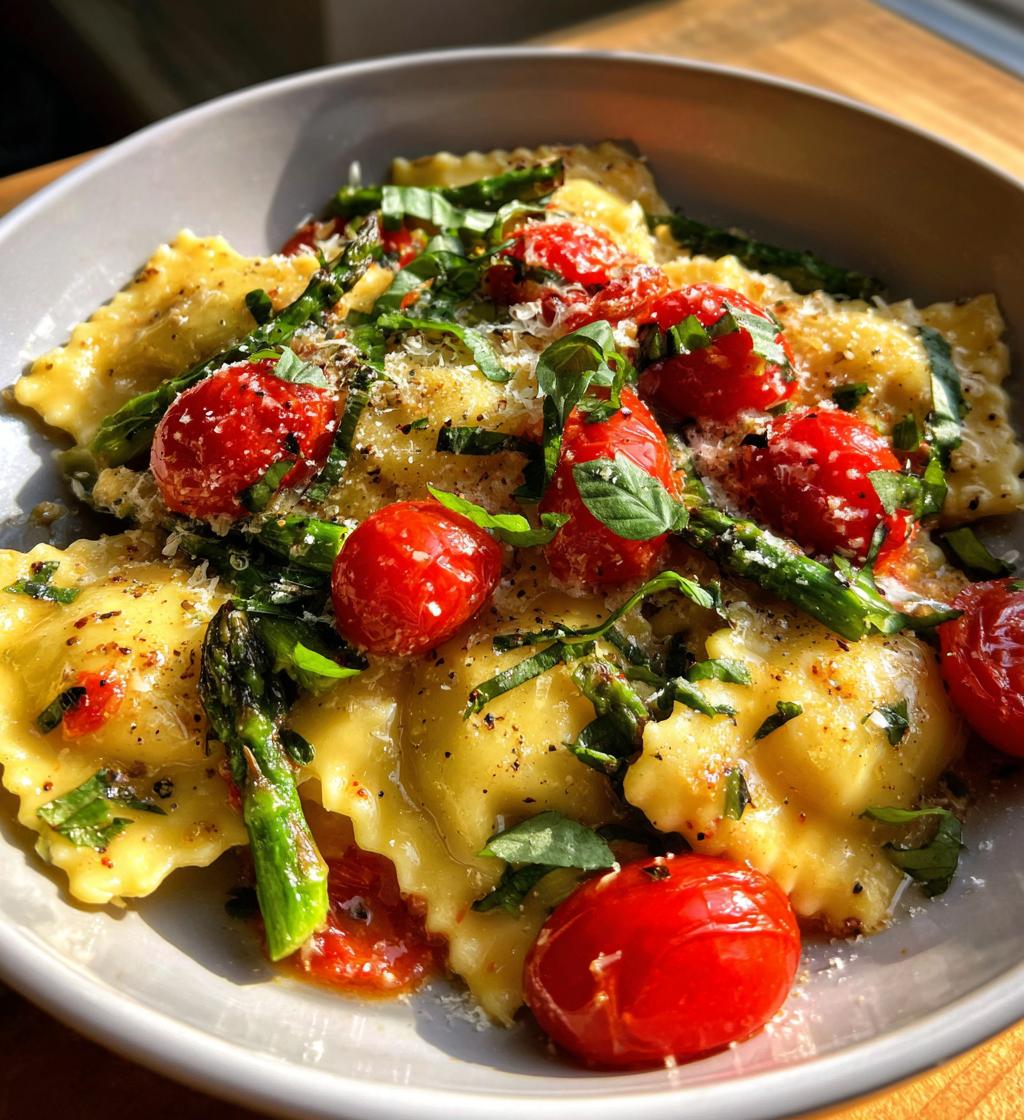 ravioli with tomatoes asparagus garlic and herbs - detail 1