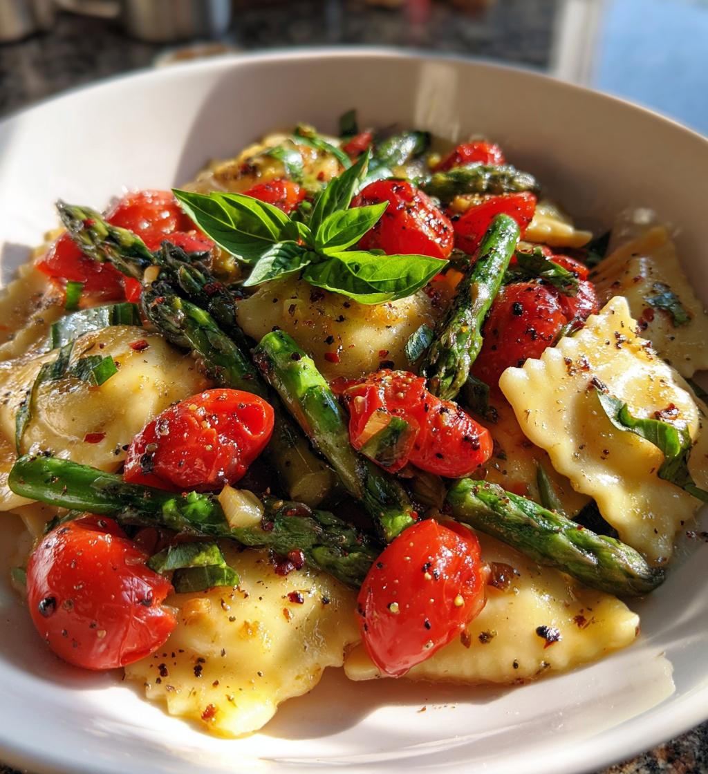 ravioli with tomatoes asparagus garlic and herbs