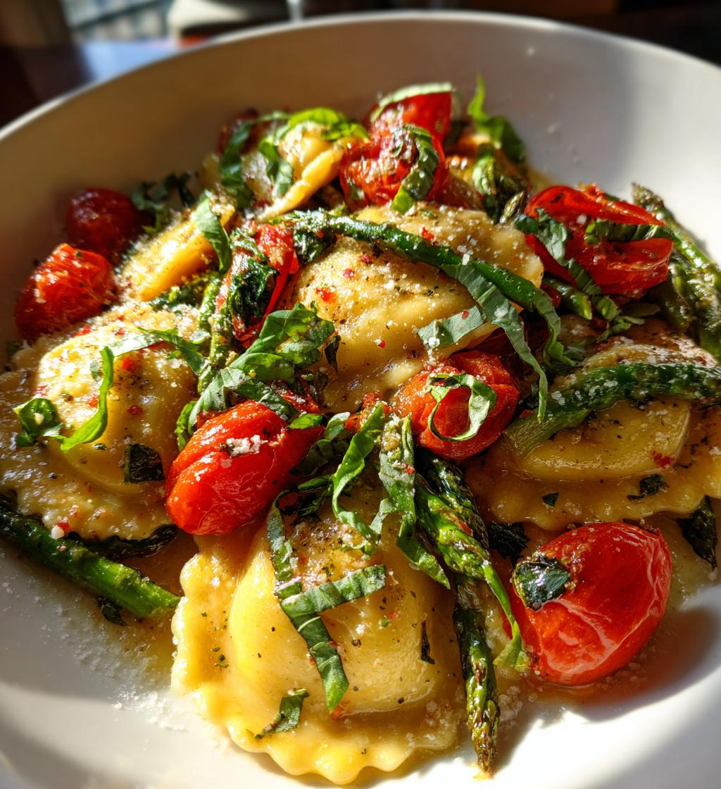 ravioli with tomatoes asparagus garlic and herbs