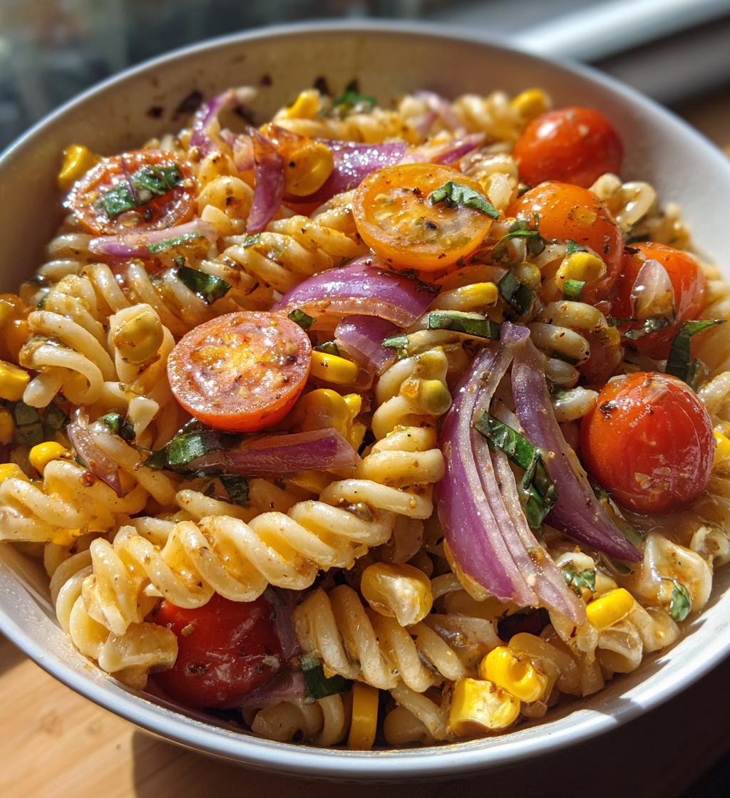 roasted corn and tomato pasta salad