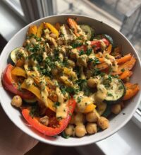 roasted veggie chickpea bowls with maple dijon tahini dressing