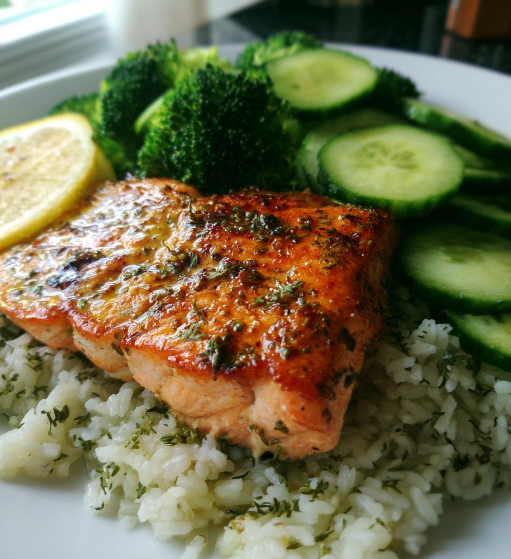 salmon broccoli rice cucumber plate - detail 1