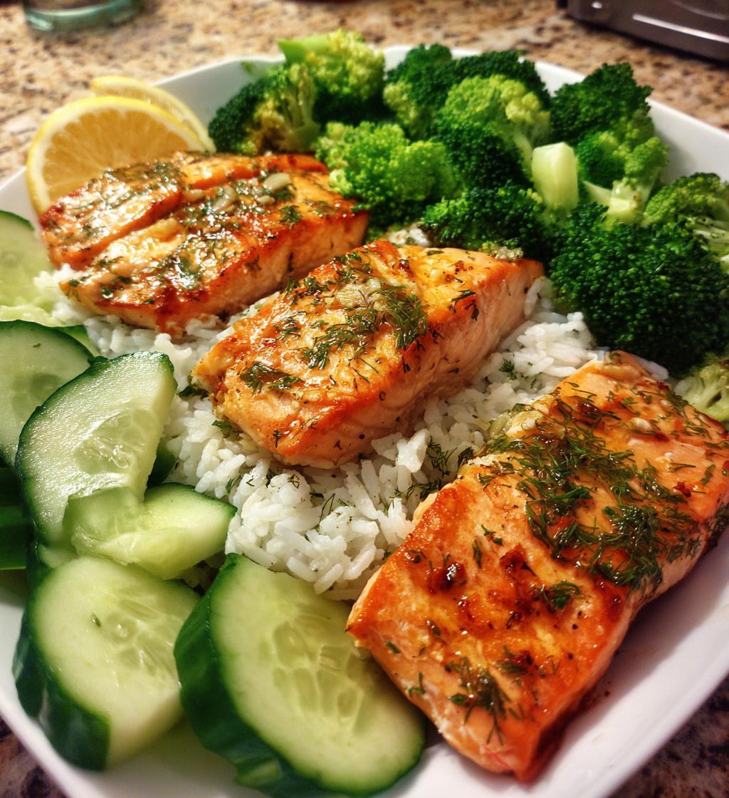 salmon broccoli rice cucumber plate - detail 1