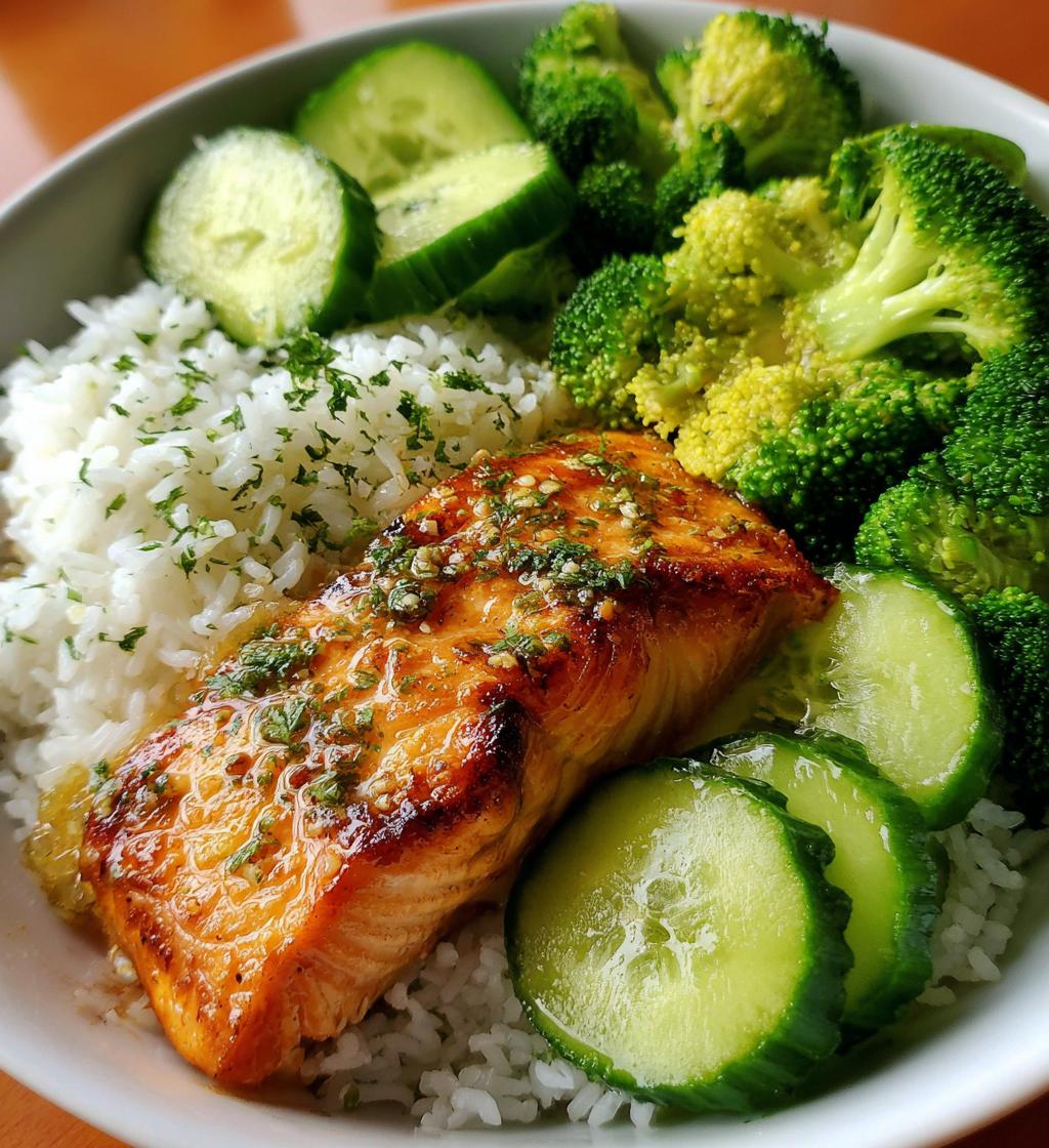 salmon broccoli rice cucumber plate