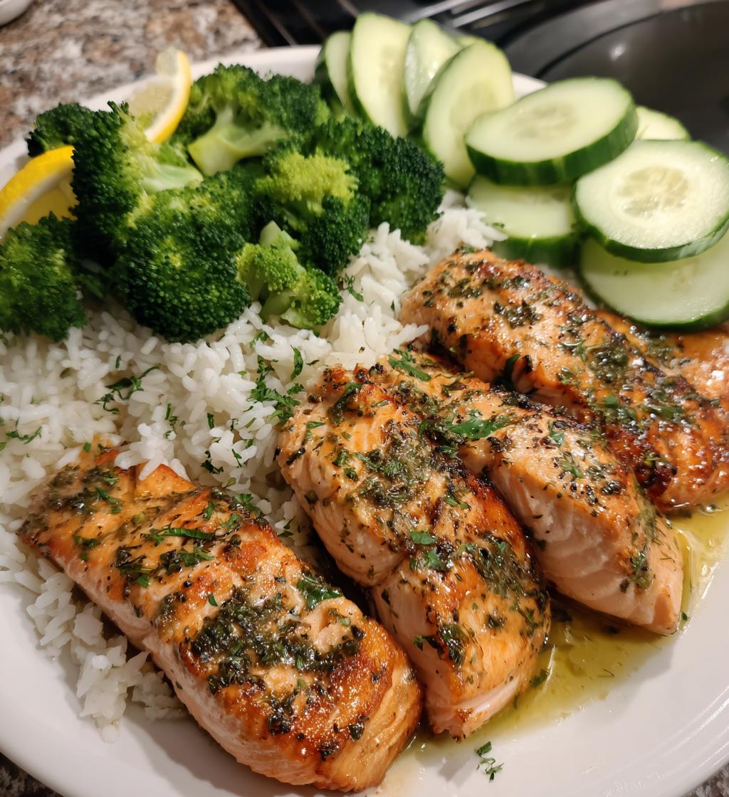 salmon broccoli rice cucumber plate