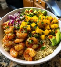 shrimp and avocado bowls with mango salsa lime chili sauce 2