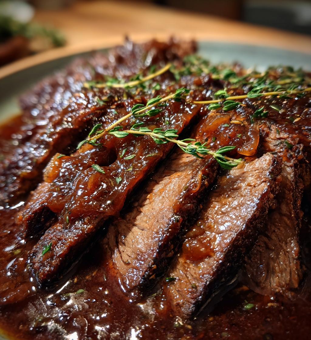 slow cooker brisket with balsamic onion gravy - detail 1