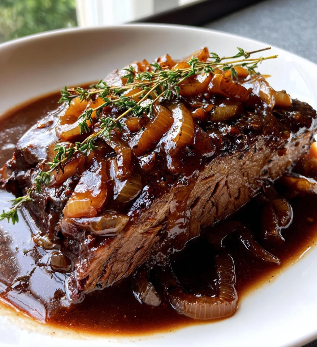 slow cooker brisket with balsamic onion gravy - detail 1