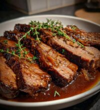 slow cooker brisket with balsamic onion gravy