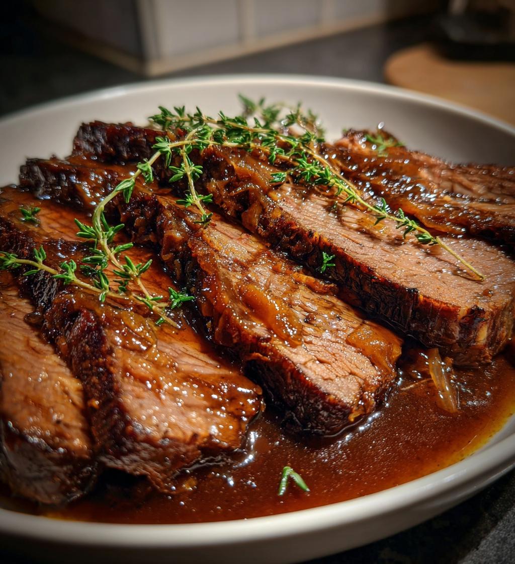 slow cooker brisket with balsamic onion gravy