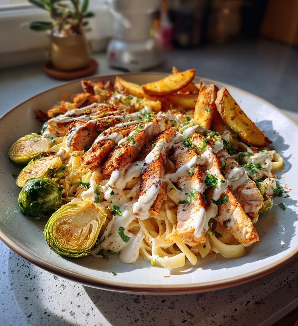 smoked paprika chicken alfredo with feta tahini cream crispy brussels potato combo wedges - detail 1