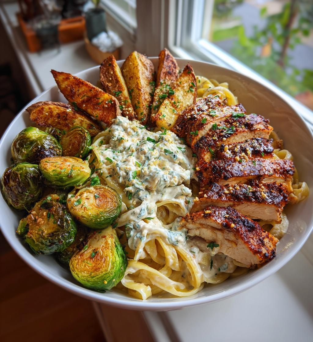 smoked paprika chicken alfredo with feta tahini cream crispy brussels potato combo wedges