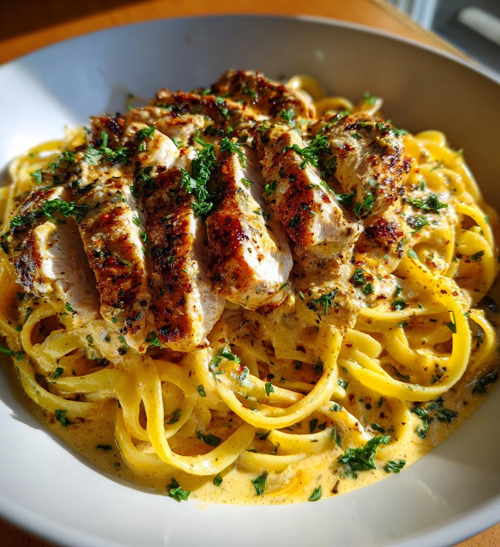 spicy cajun chicken linguine in creamy garlic parmesan sauce