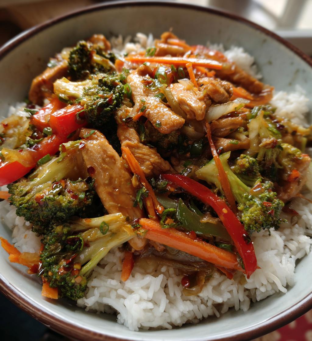 spicy garlic chicken stir fry with rice - detail 1