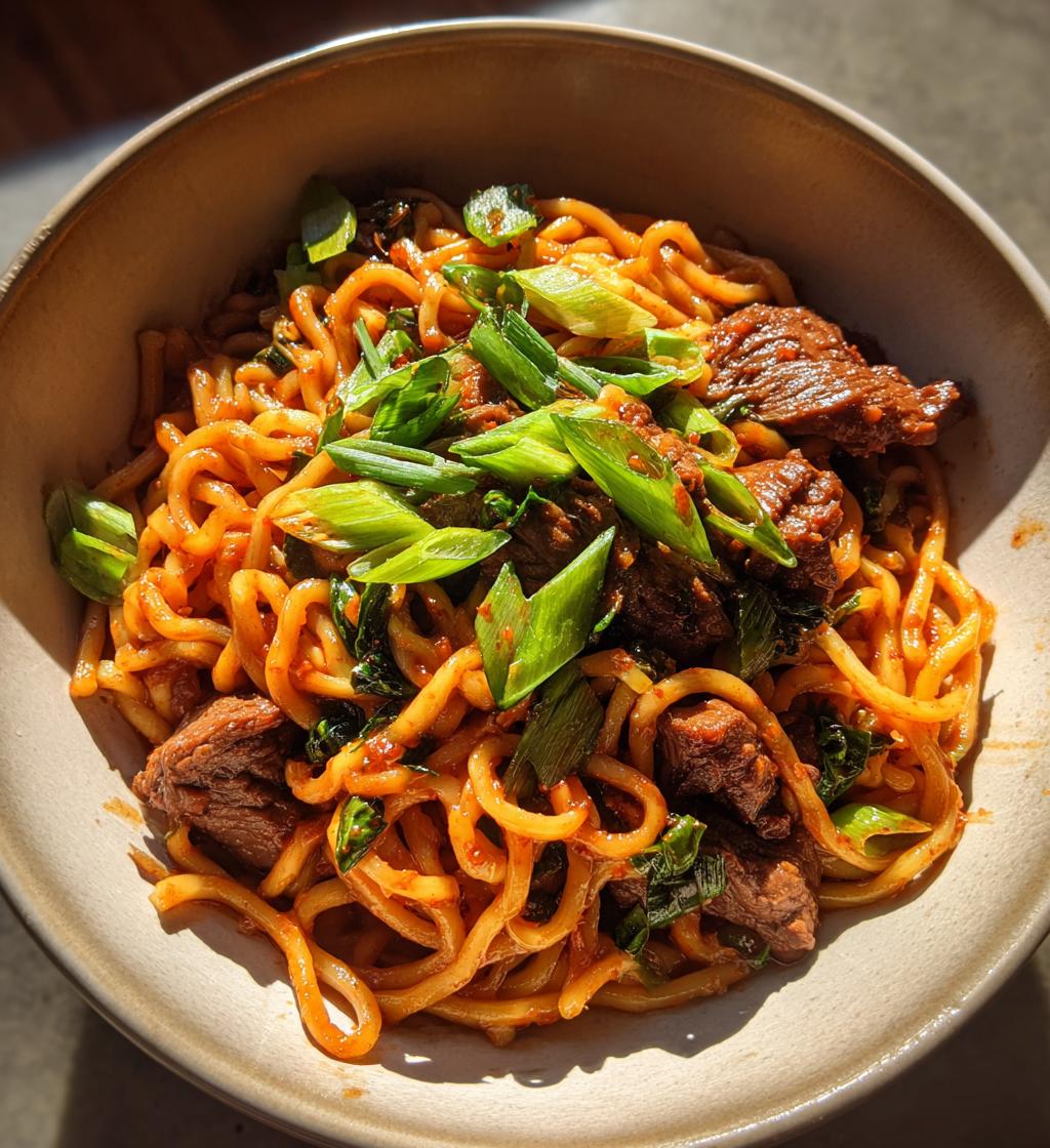 spicy korean gochujang beef noodles