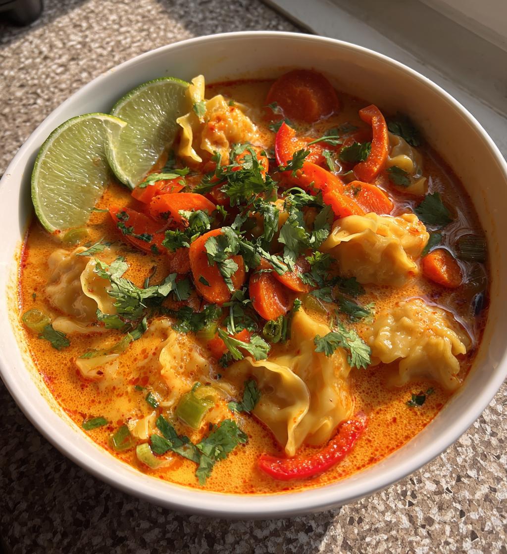 spicy red curry wonton soup - detail 1