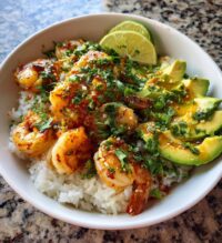 spicy shrimp avocado rice bowl