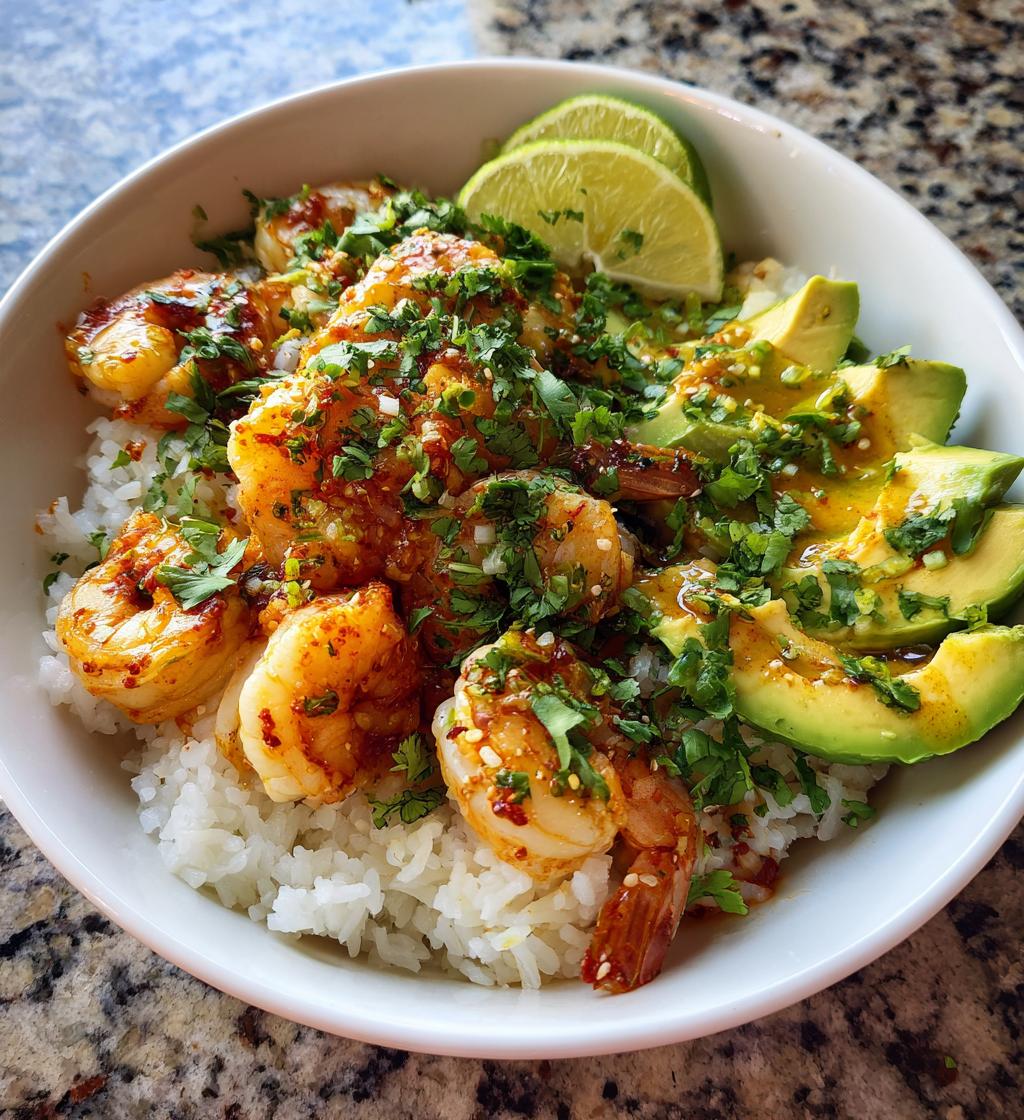 spicy shrimp avocado rice bowl