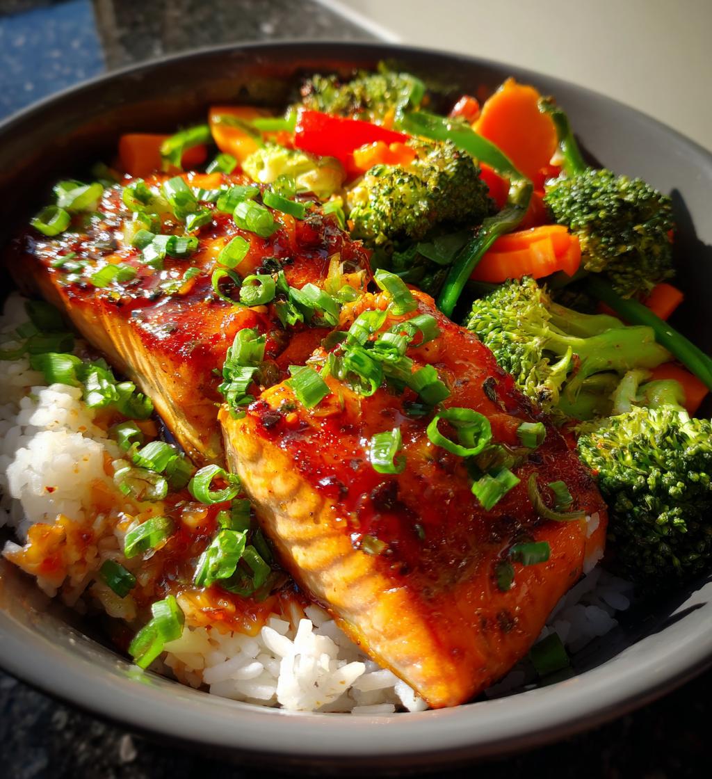 spicy sriracha honey salmon bowl recipe - detail 1