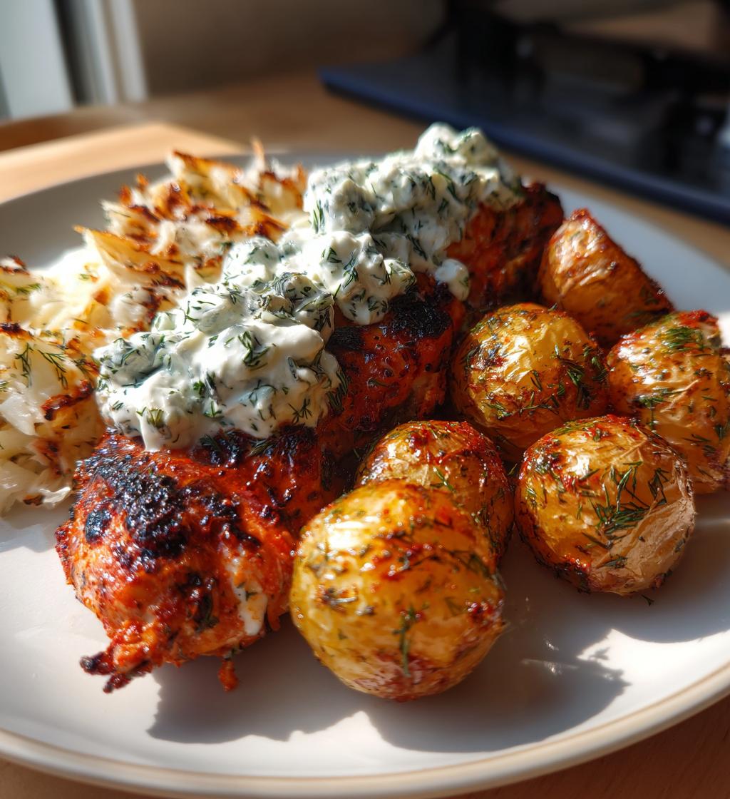 spicy yogurt marinated chicken with dill feta cream crispy baby potatoes - detail 1