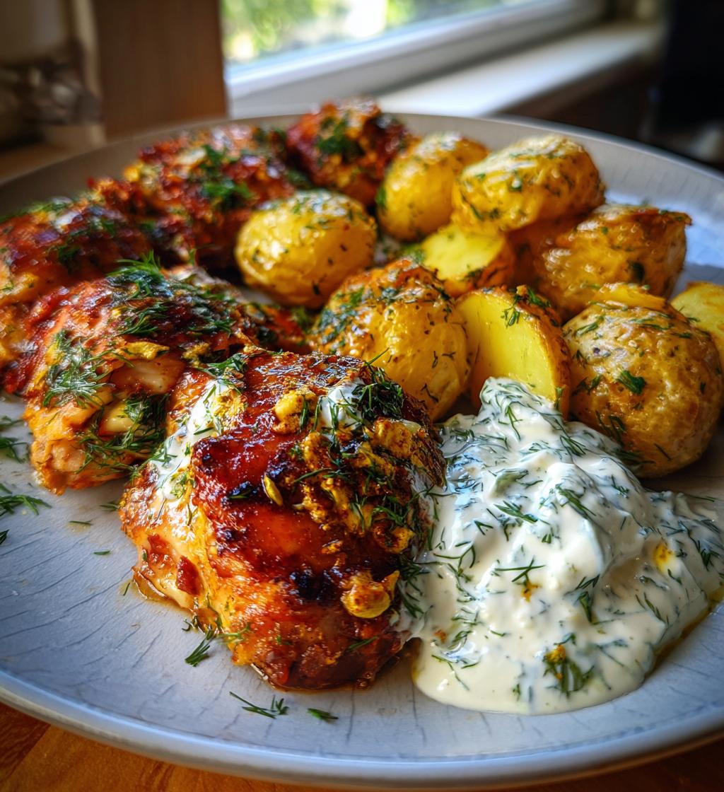 spicy yogurt marinated chicken with dill feta cream crispy baby potatoes