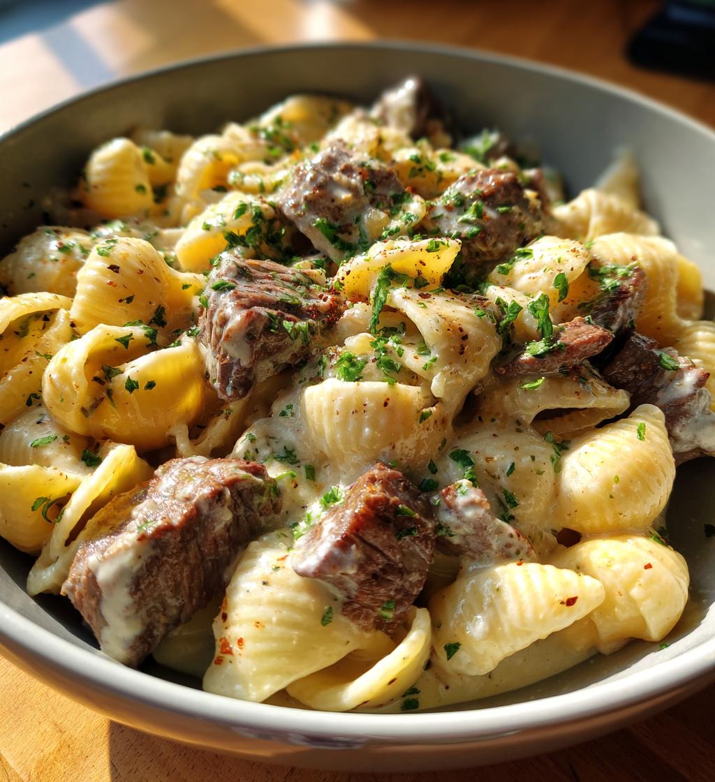 steak bites and shell pasta in garlic butter alfredo sauce - detail 1