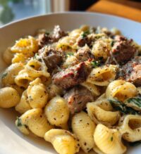 steak bites and shell pasta in garlic butter alfredo sauce
