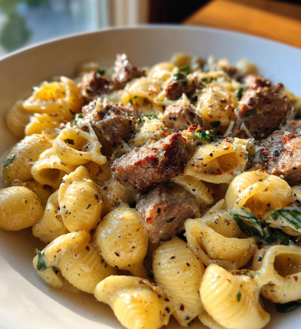 steak bites and shell pasta in garlic butter alfredo sauce