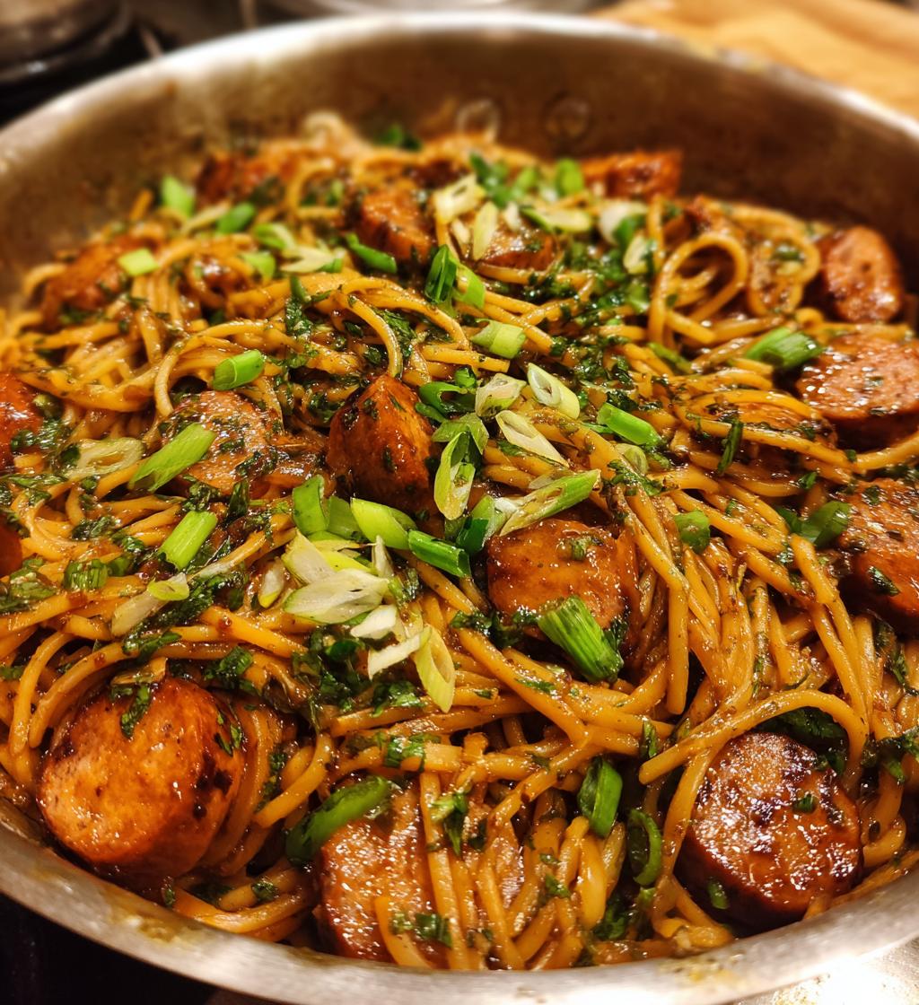 sticky honey garlic sausage pasta skillet - detail 1