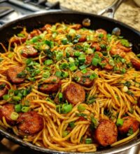 sticky honey garlic sausage pasta skillet