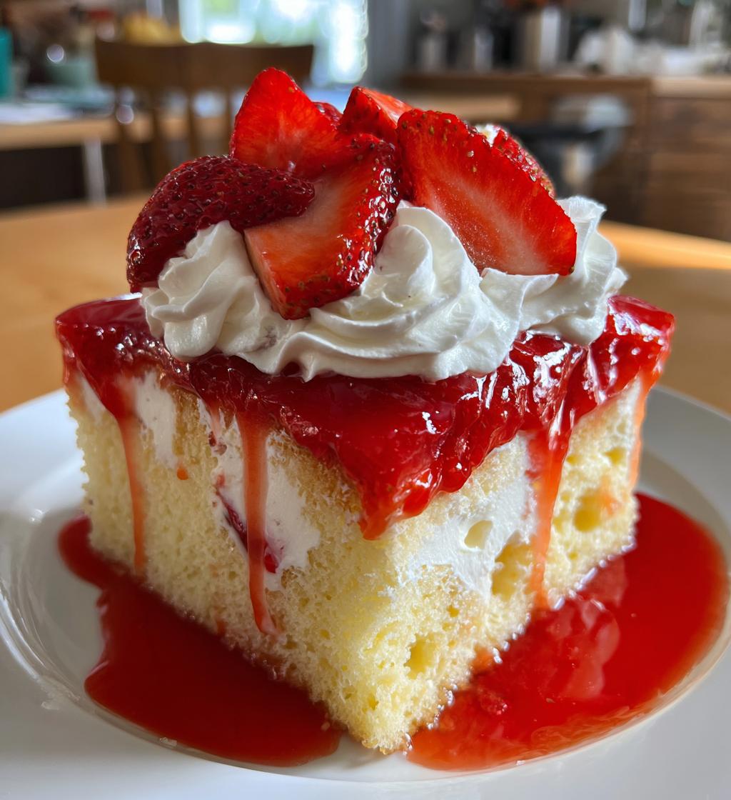 strawberry cheesecake poke cake - detail 1