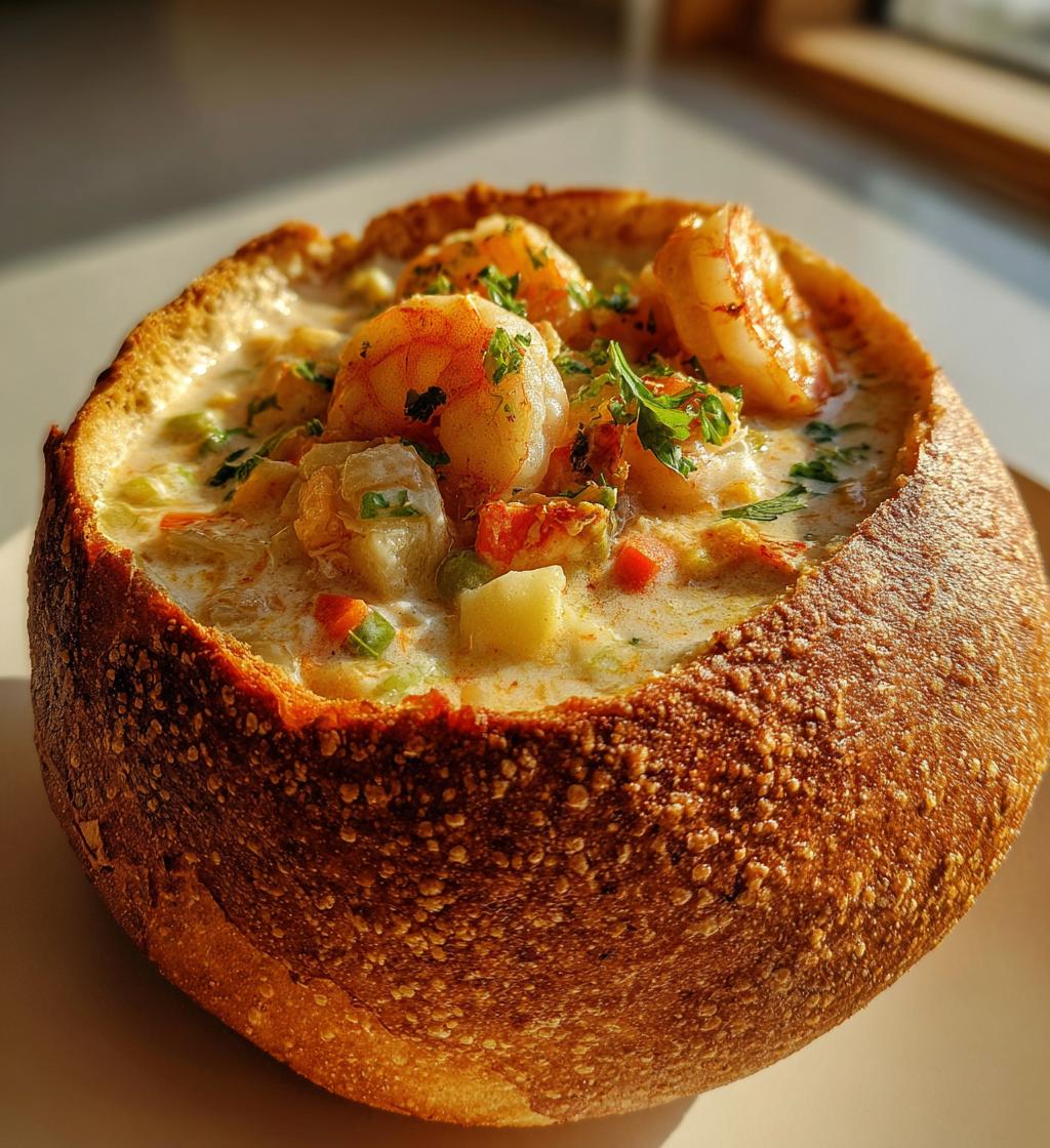 stuffed seafood soup bread bowl - detail 1