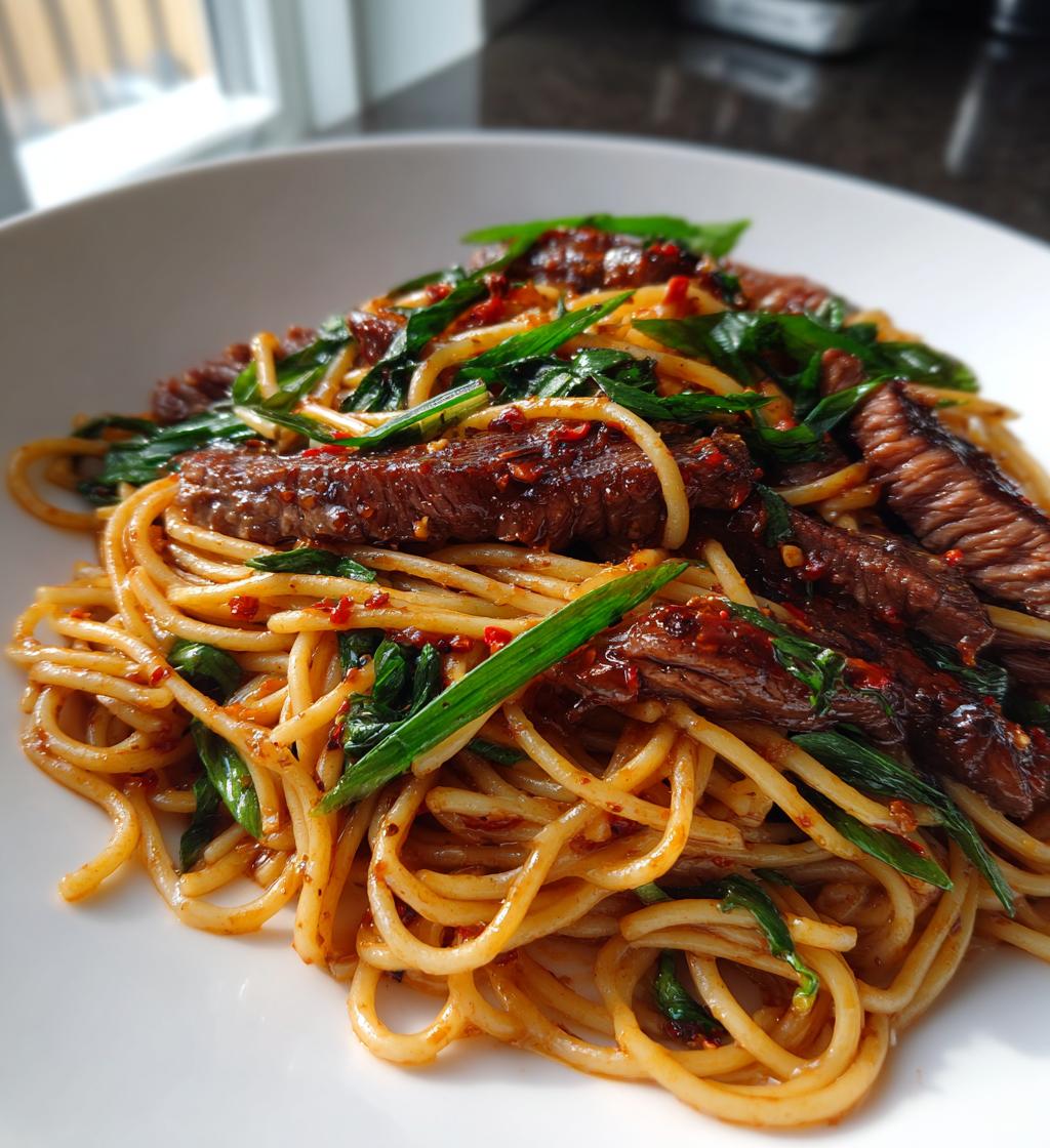 sweet spicy garlic steak pasta - detail 1
