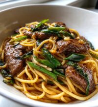 sweet spicy garlic steak pasta
