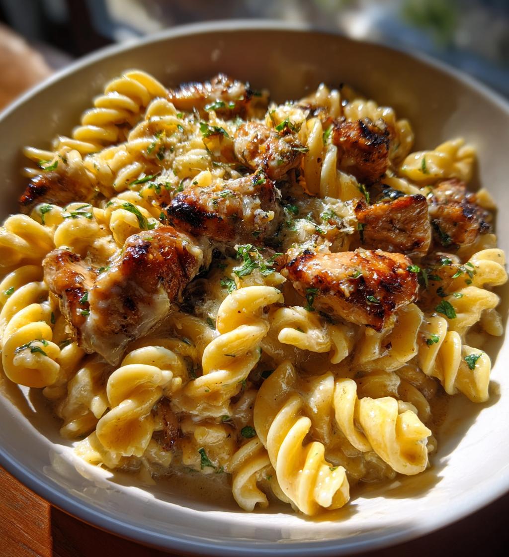 twisted pasta with honey garlic chicken and parmesan cream - detail 1