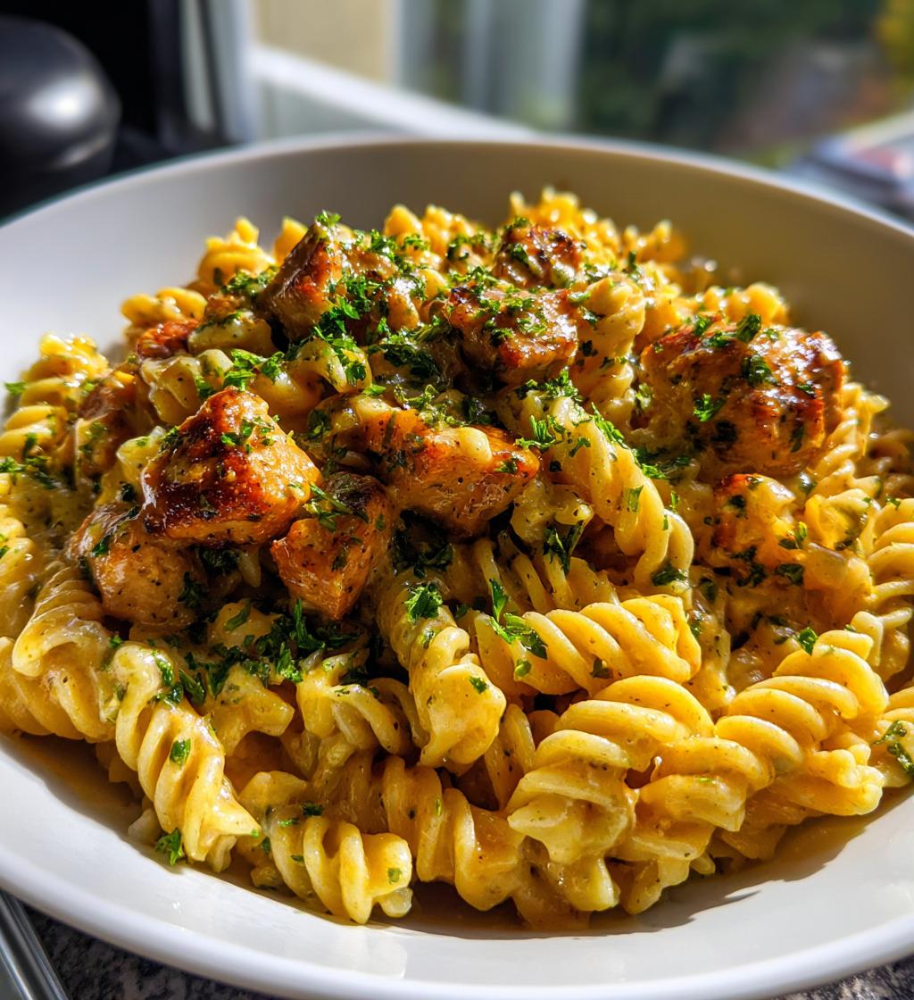 twisted pasta with honey garlic chicken and parmesan cream - detail 1