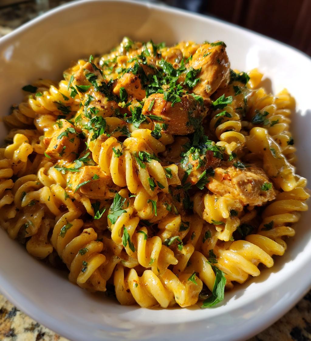 twisted pasta with honey garlic chicken and parmesan cream