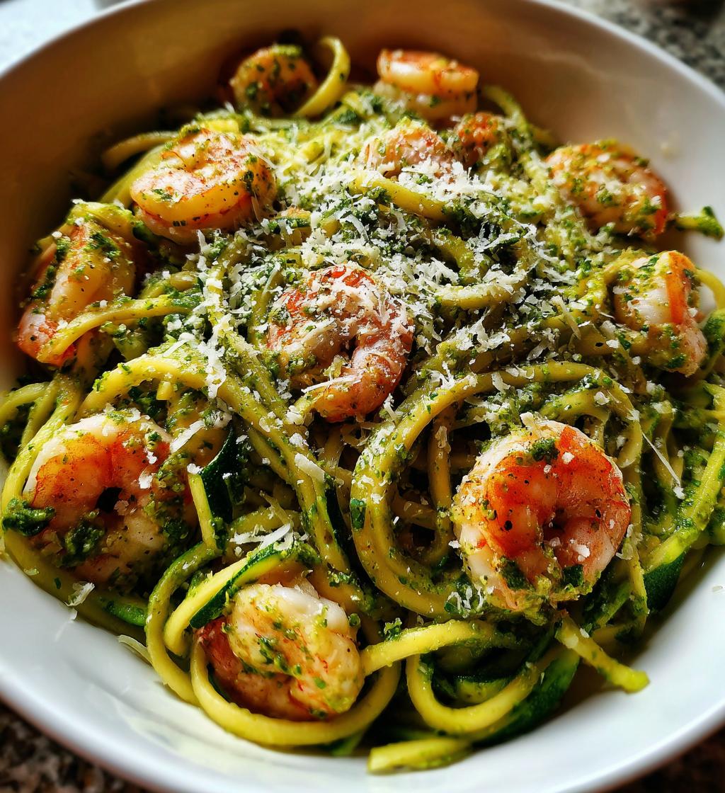 zucchini noodles with pesto and shrimp - detail 1
