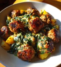 cheesy spinach meatball potato bake