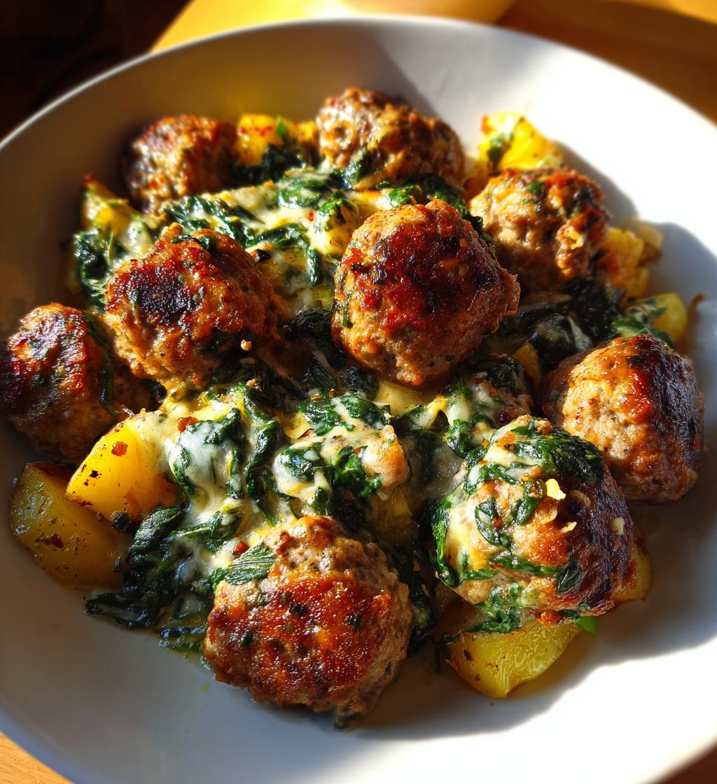 cheesy spinach meatball potato bake
