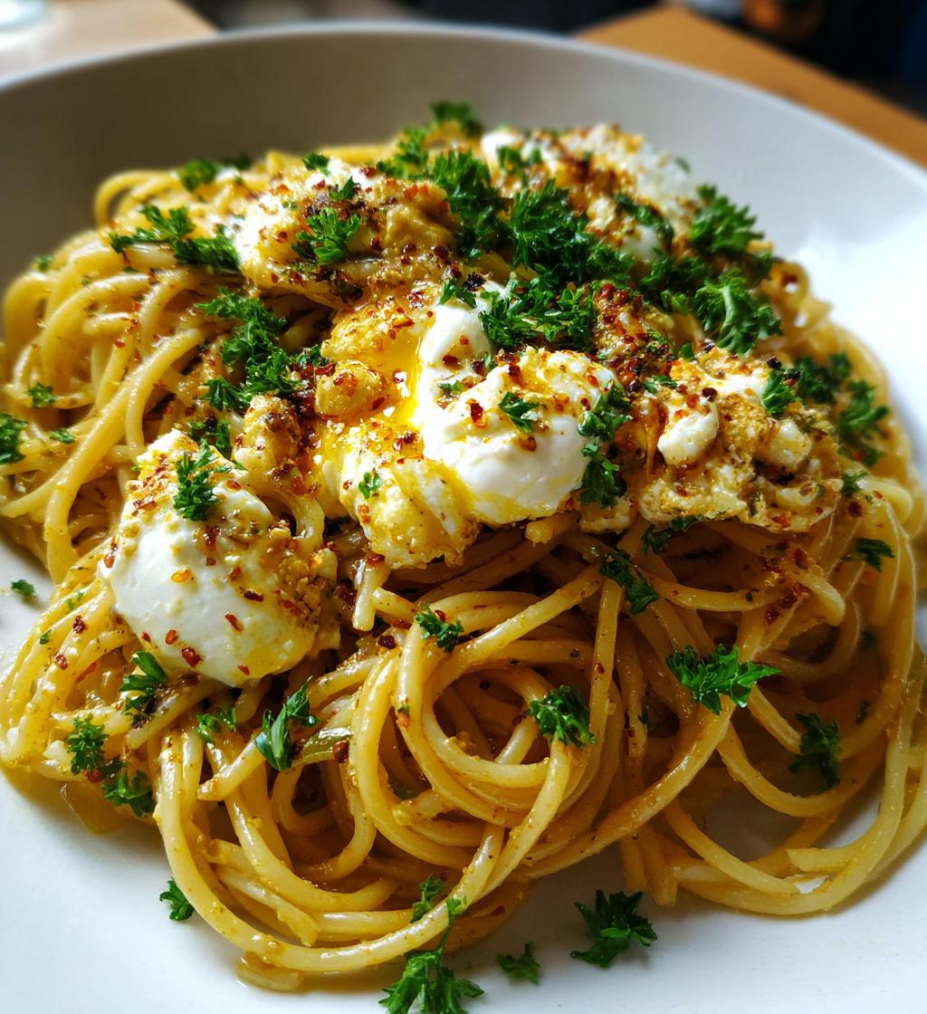 chicken spaghetti with burrata and lemon butter garlic sauce