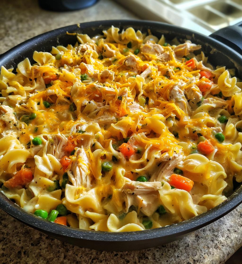 creamy chicken pot pie noodle skillet