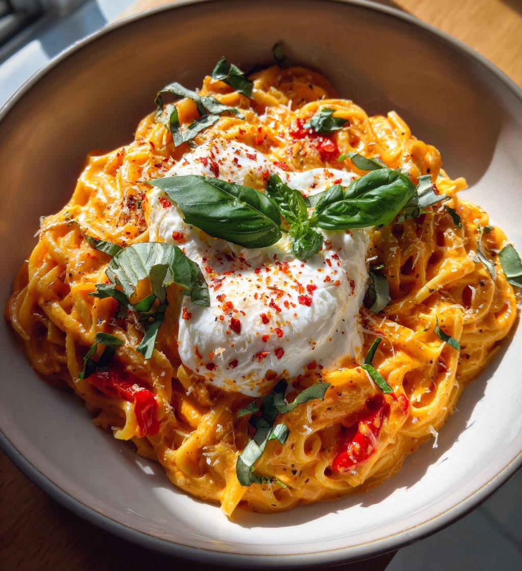 creamy red pepper pasta with burrata and herbs