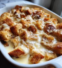 grandmas old fashioned bread pudding with vanilla sauce